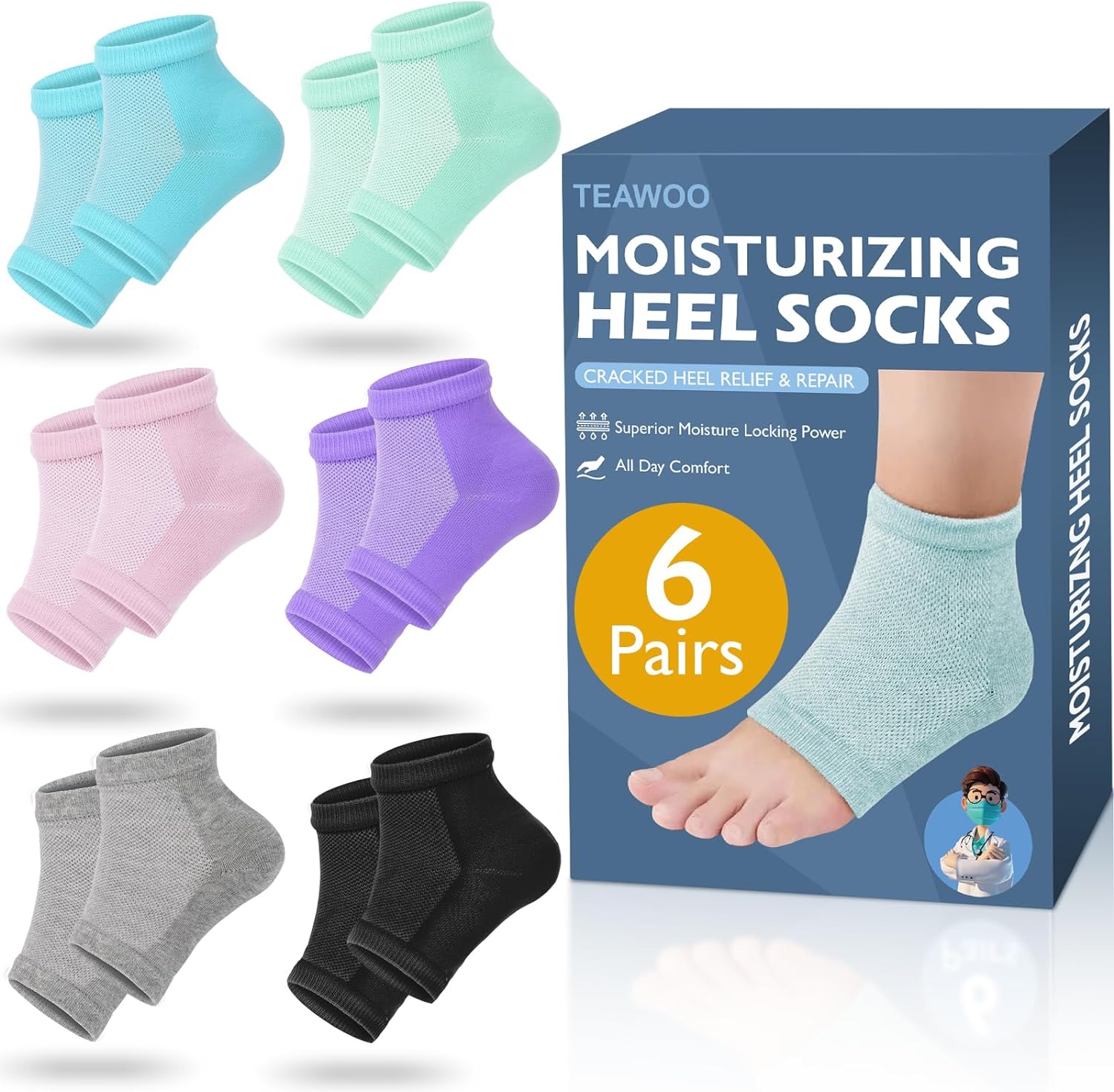 TEAWOO Moisturizing Heel Socks - 6 Pairs for Dry Cracked Feet | Toeless Gel Socks for Hydration and Repair, Soften and Hydrate Dry Cracked Feet Heels, Gel Socks for Dry Cracked Feet