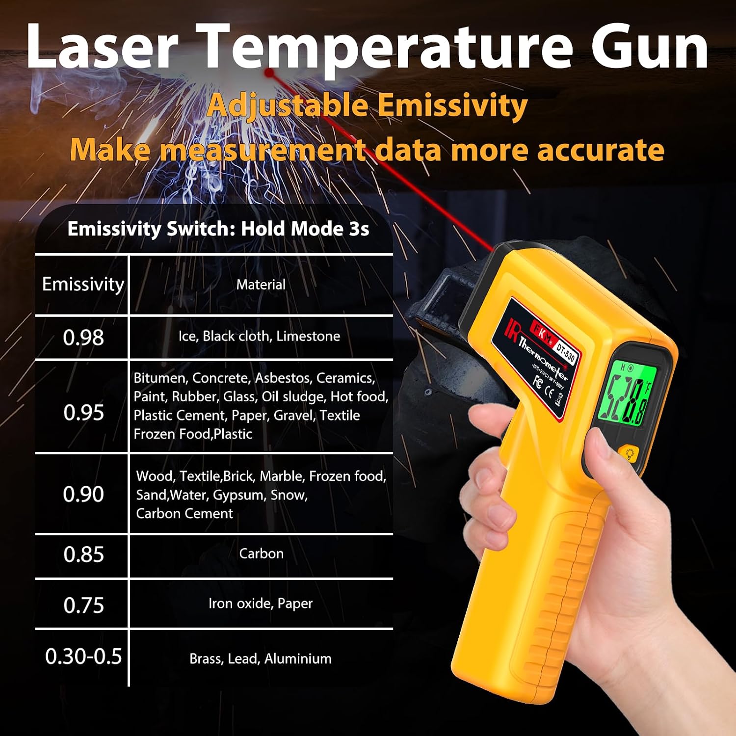 FKM Infrared Thermometer Gun Non-Contact Laser Temperature Gun -58°F~986°F | (-50°C~530°C) Adjustable Emissivity,Digital Thermometer Gun for Cooking,Oven,Griddle,Automotive,HVAC,Industrial,Not for Human - Image 4