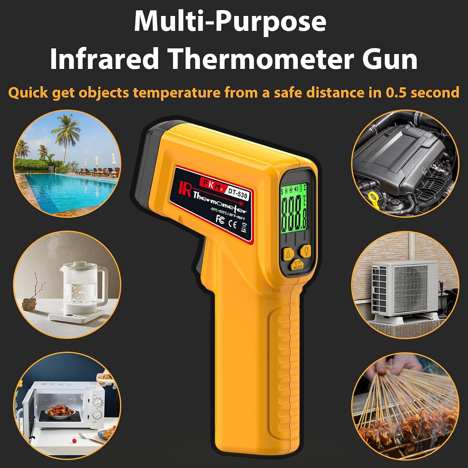 FKM Infrared Thermometer Gun Non-Contact Laser Temperature Gun,-58°F~986°F | Adjustable Emissivity,Digital IR Thermometer Gun for Cooking,Griddle,Pizza Oven,BBQ,HVAC,Automotive,Industrial,Not for Human - Image 3
