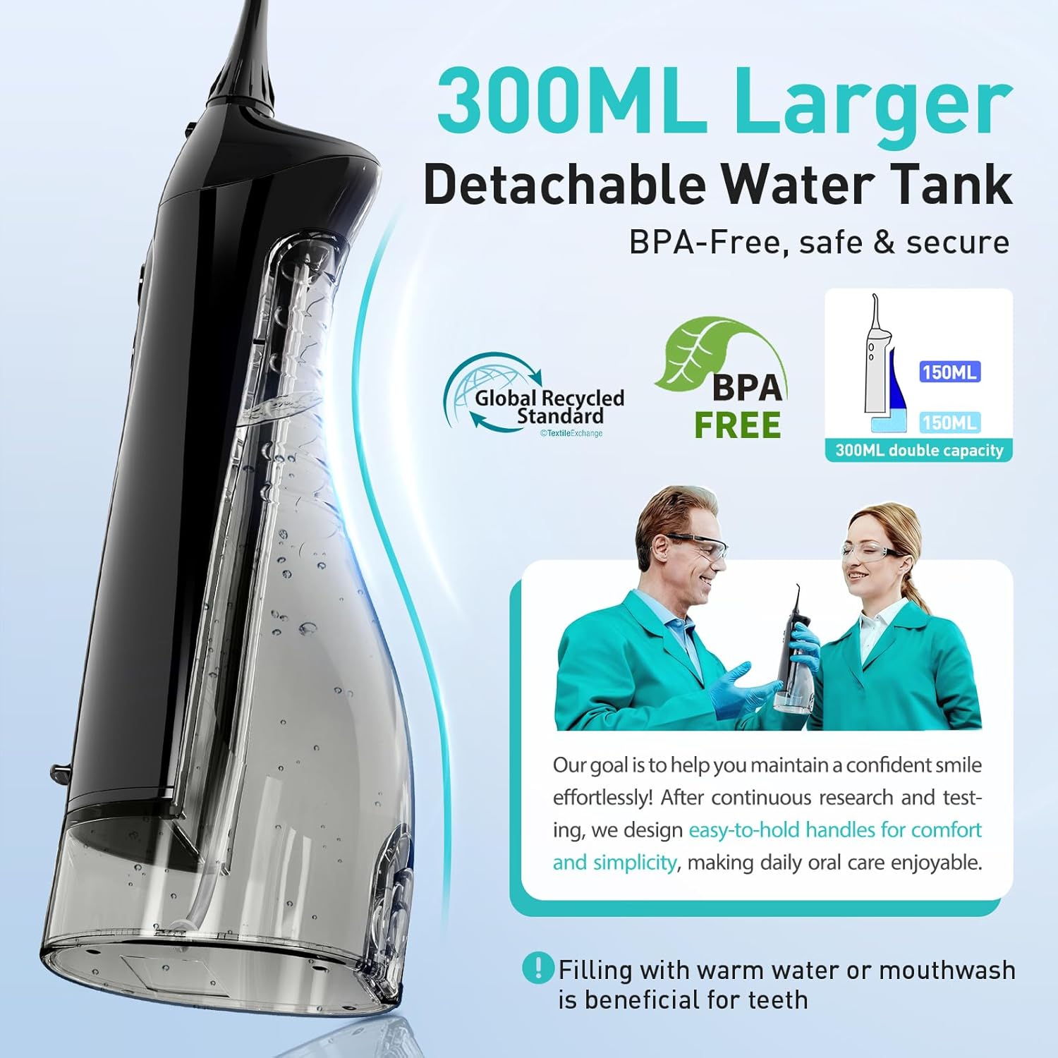 COSLUS ADA Accepted C20 Water Dental Flosser Teeth Pick, 300ML Larger Tank | Portable Rechargeable Oral Irrigator for Orthodontic & Sensitive Gums, Cordless for Travel, Family, Professional Set, Black - Image 3