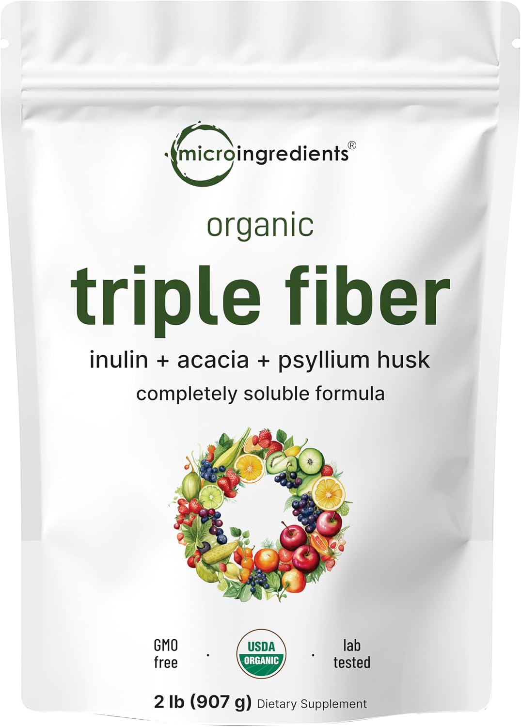 Micro Ingredients Organic Triple Fiber Powder, 2lb | Natural Prebiotic to Support Digestive & Gut Health | Soluble, Easily Digestible | Unflavored, Vegan