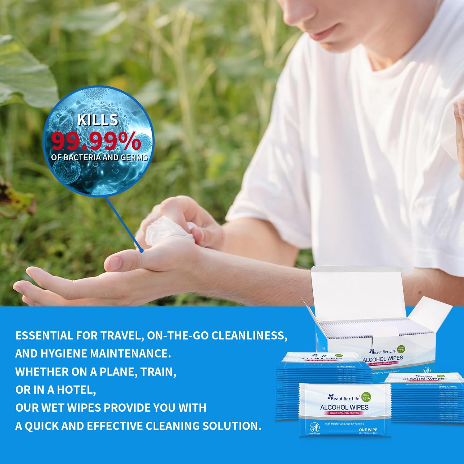 Beautifier Life All - Purpose Travel Wipes, 55 Individually Wrapped 75% Alcohol Antibacterial Hand Sanitizing Wipes with Aloe Moisturizer & Vitamin E for for On-the-Go Use, Restaurant, Home Office - Image 6