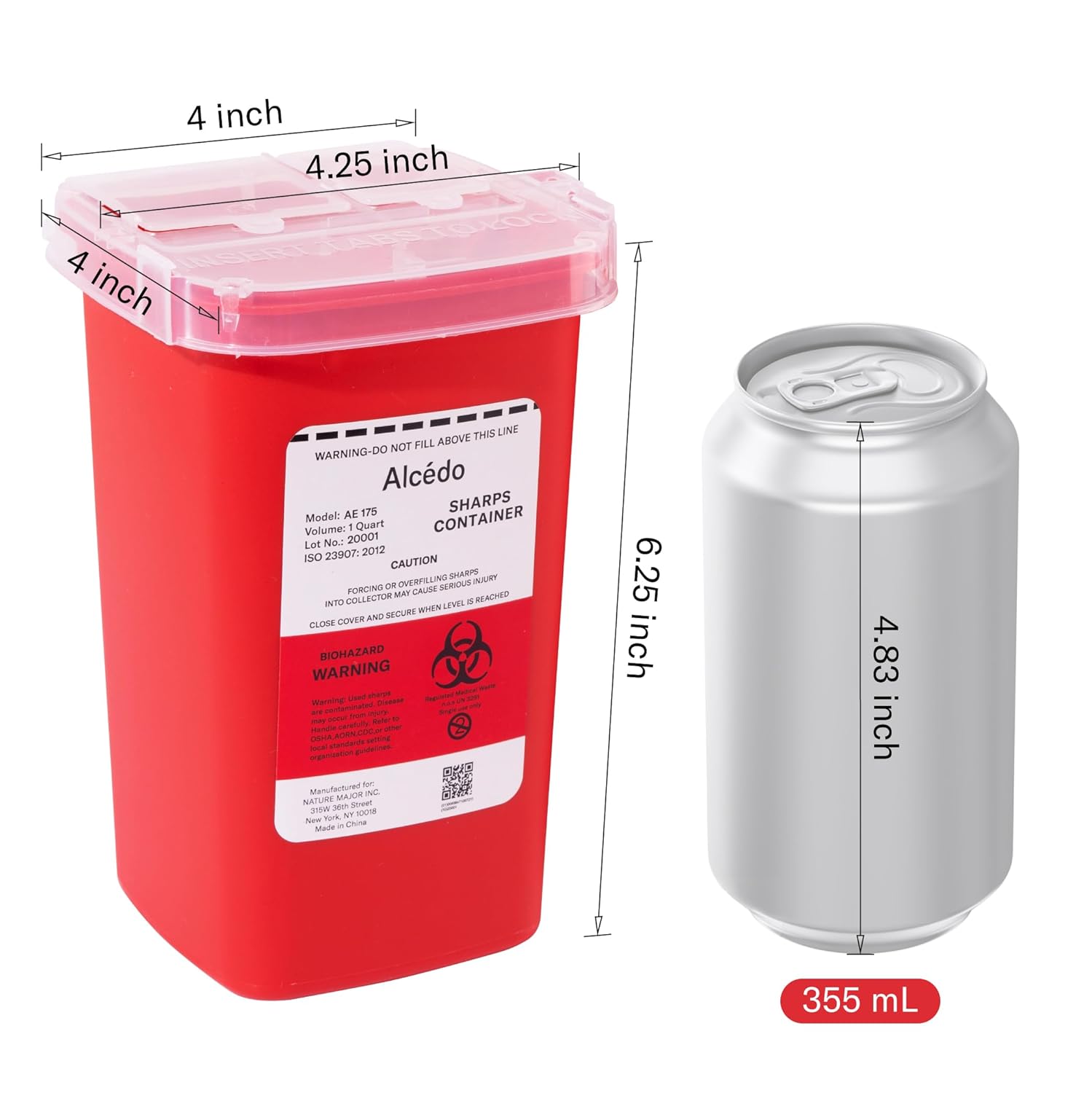 Alcedo 1 Quart Sharps Container (1-Pack) for Needle & Syringe Disposal | Small & Portable, Built-In Needle Removal Port, Temporary Safety Closure, Clear Lid, Ideal for Home, Travel & Professional - Image 2