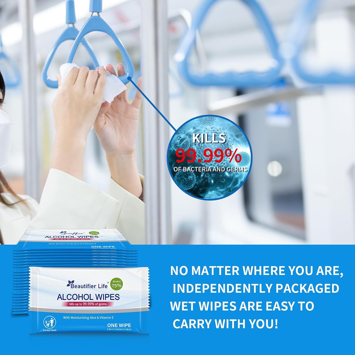Beautifier Life All - Purpose Travel Wipes, 55 Individually Wrapped 75% Alcohol Antibacterial Hand Sanitizing Wipes with Aloe Moisturizer & Vitamin E for for On-the-Go Use, Restaurant, Home Office - Image 7