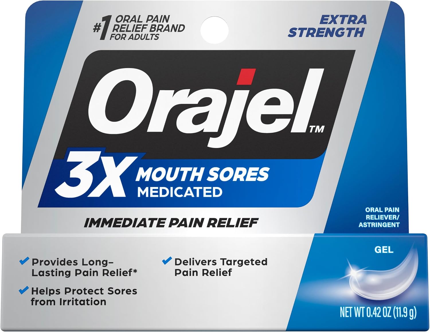 Orajel 3X Mouth Sores Medicated Pain Relief Gel, Extra Strength, 0.42 Oz | Immediate Pain Relief, Long-Lasting, Protects Mouth Sores from Irritation, #1 Oral Pain Relief Brand