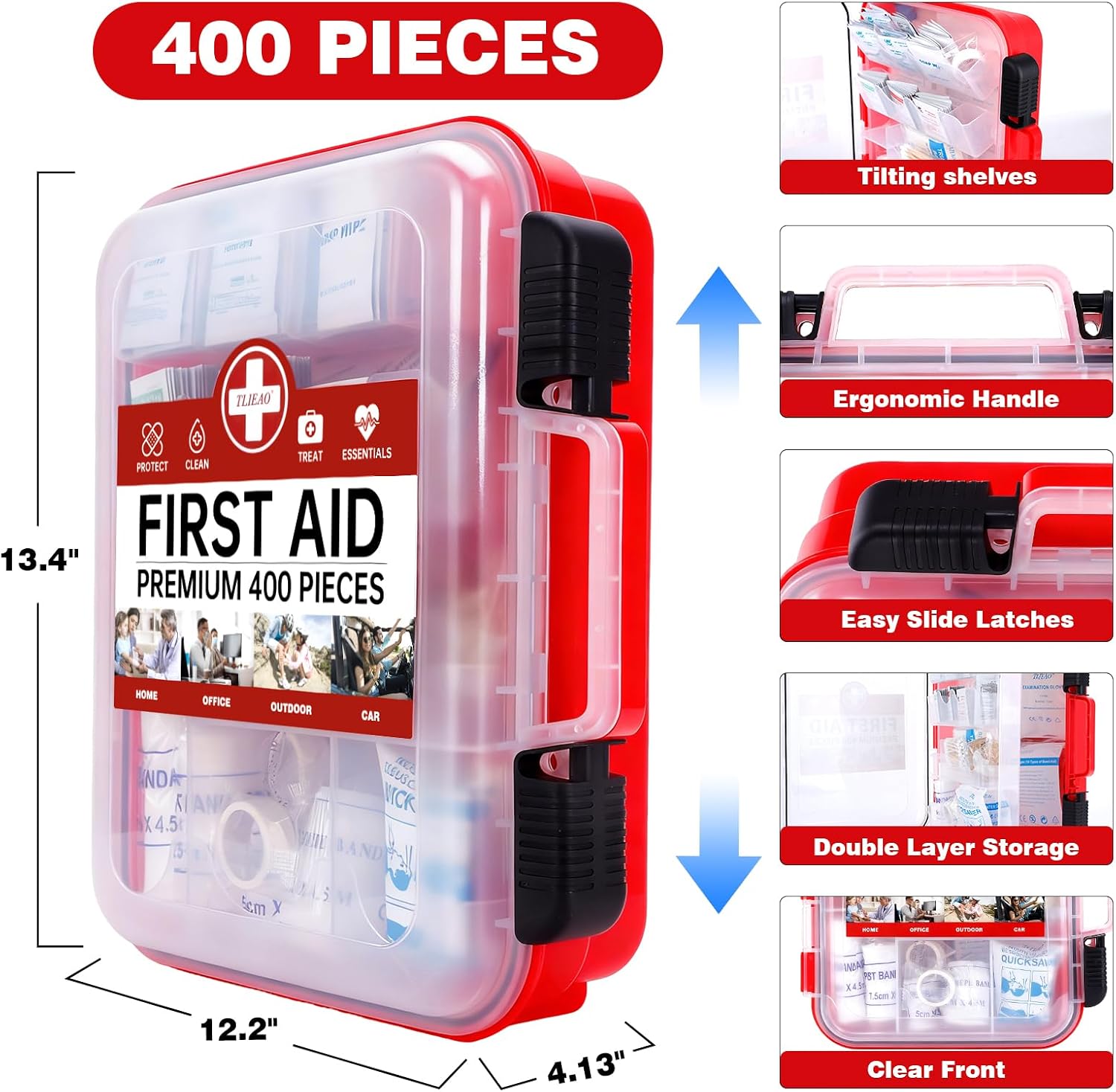 400 Pieces All-Purpose First Aid Kit, Organized Dual-Layer Wall | 100-Person, Professional Medical Kit For Home, Car, Camping, Travel, Office, Outdoor, Business & Sports - Image 3