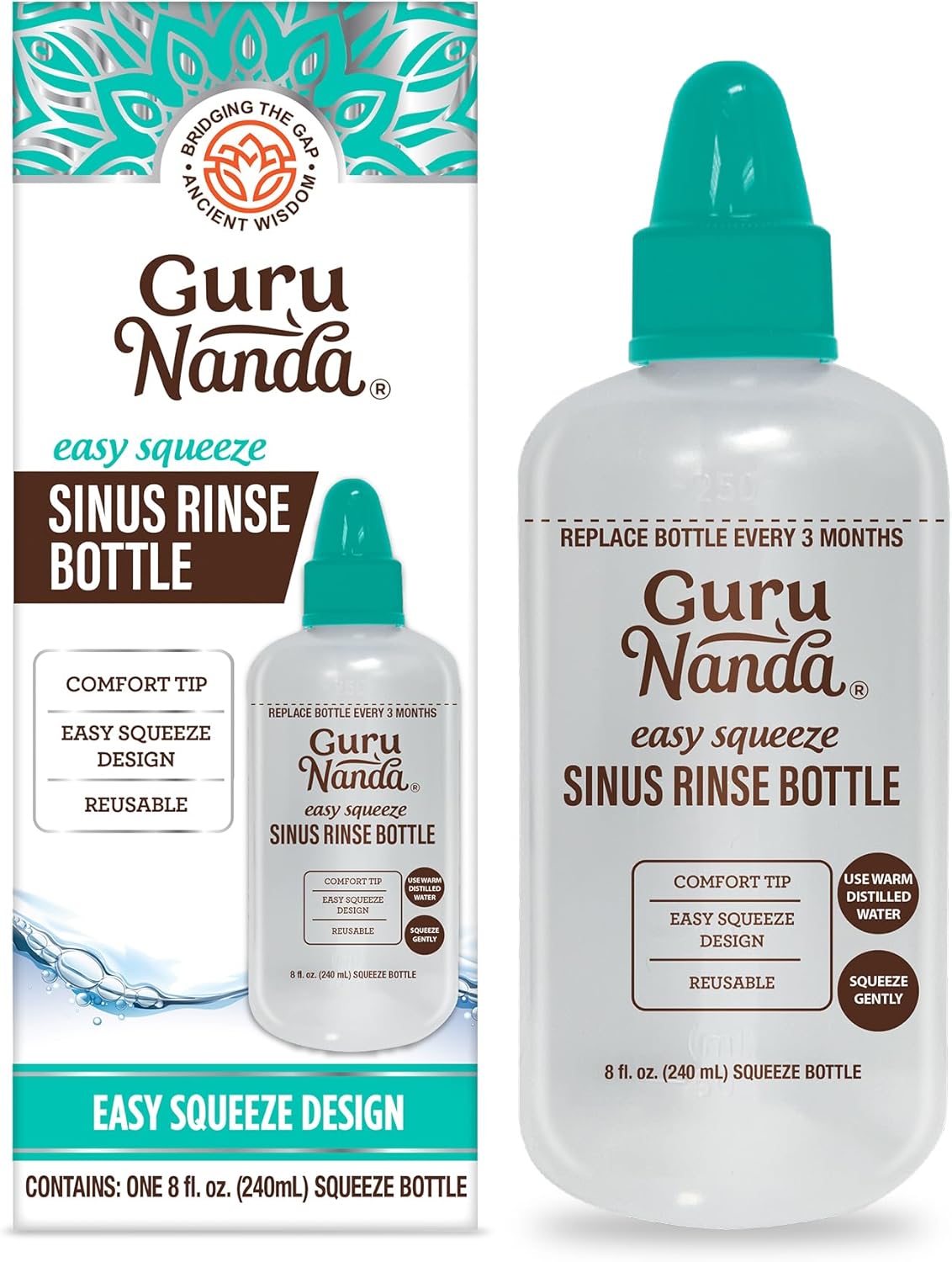 GuruNanda Sinus Rinse Bottle - Comfort Tip for Natural Nasal Irrigator Relief for Adults & Kids - 240ml Capacity