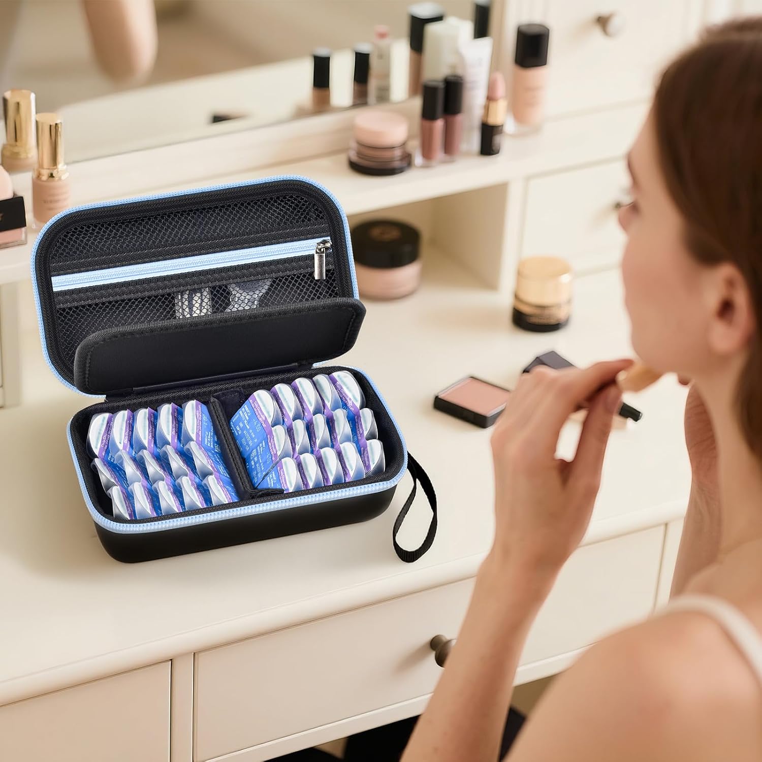 GWCASE Daily Contact Lens Case Organizer for 30+ Disposable Contact Lenses | Hard EVA, Removable L/R Divider, Mesh Pocket for Travel Contact Solution/ Accessories, Travel and Daily Use, Black, Bag Only - Image 8