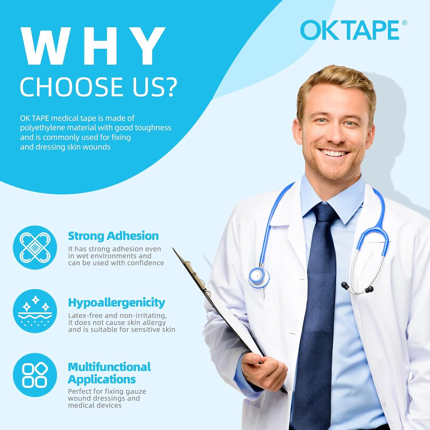 OK TAPE OKPore Transparent Medical Tape (Pack of 12) - First Aid Surgical Tape Hypoallergenic and Breathable for Wound Dressing Care, Latex Free, 1in x 10yds | First Aid Surgical Tape Adhesive, Hypoallergenic and Breathable for Wound Dressing Care, Latex Free - Image 2