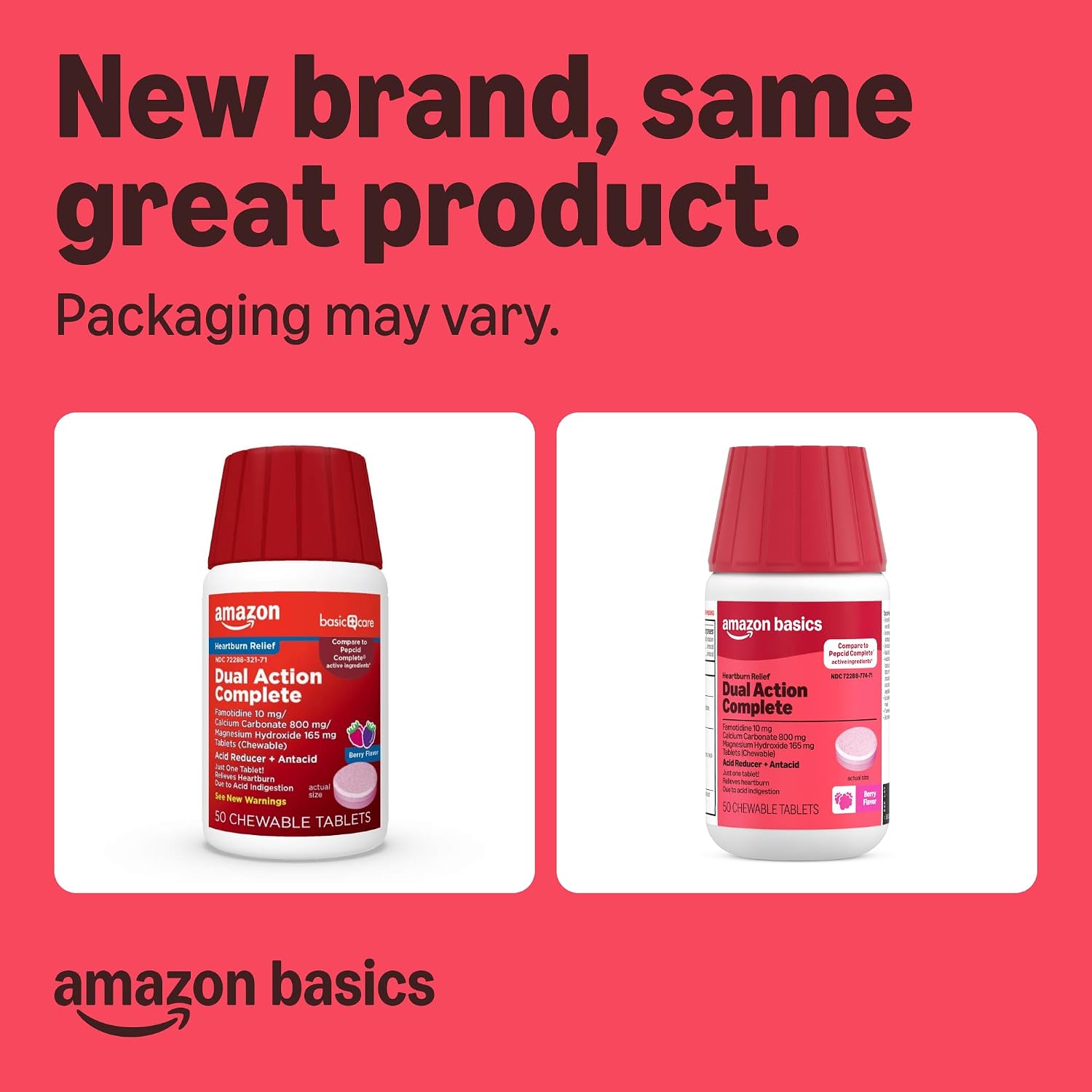 Amazon Basics Dual Action Complete, Chewable Acid Reducer Plus Antacid Tablets, Berry Flavor, Heartburn Medicine, Acid Indigestion Relief, 50 Count (Previously Care) - Image 2
