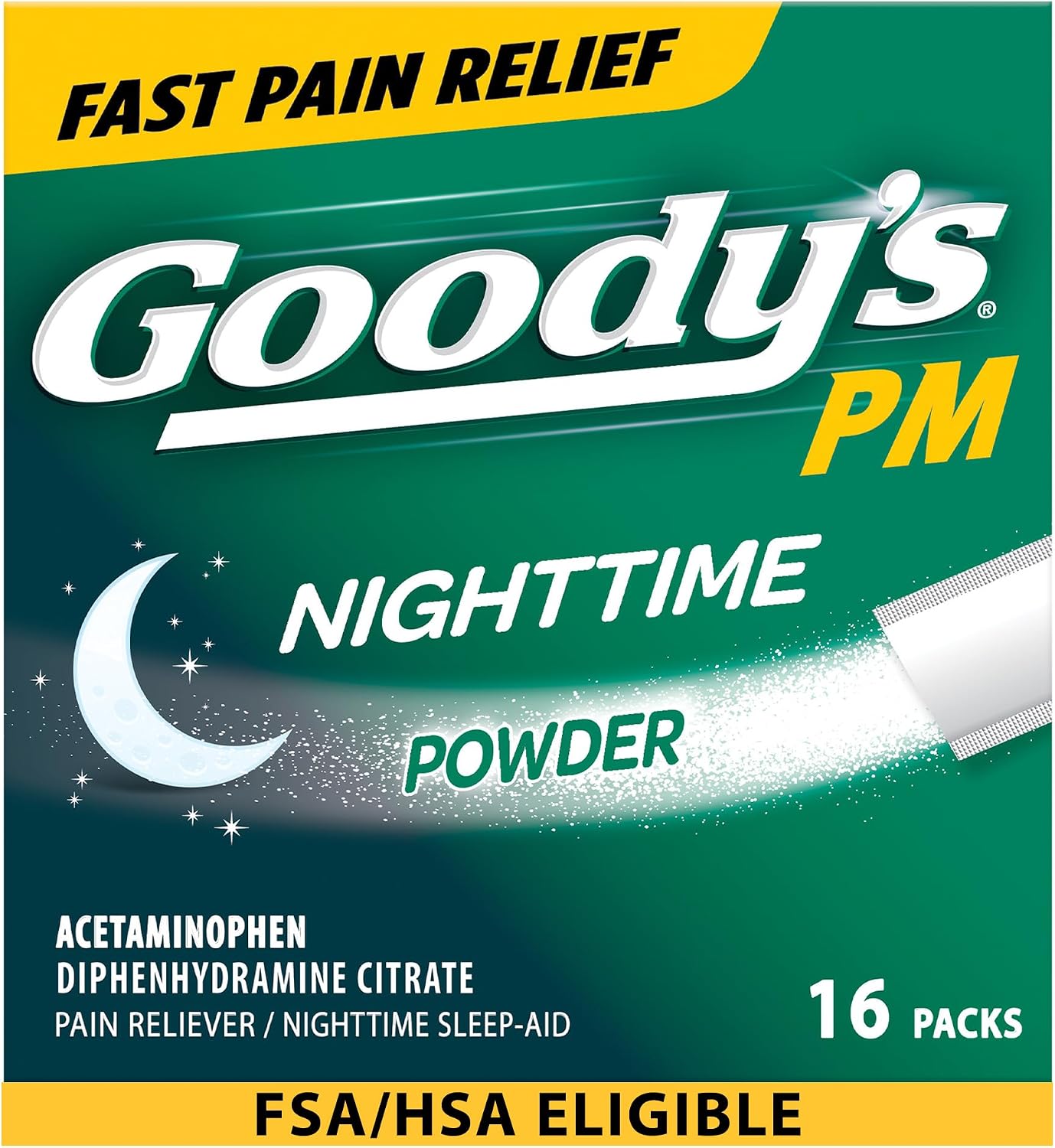 Goody's PM Nighttime Powder, Pain Reliever & Sleep Aid, 16 Count | Fast Pain Relief, Dual Action with Acetaminophen & Diphenhydramine, Headache Relief, Caffeine-Free, Unflavored, Dissolve Pack