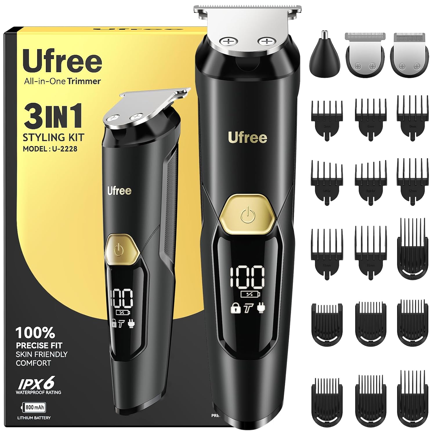Ufree 3-in-1 Beard Trimmer for Men, IPX6 Waterproof Electric Razor | Gifts for men, Beard, Nose, Hair, Stainless Steel Blades, USB-C Charge, 120-Min Usage, 8000 RPM, Wet and Dry, Travel Lock