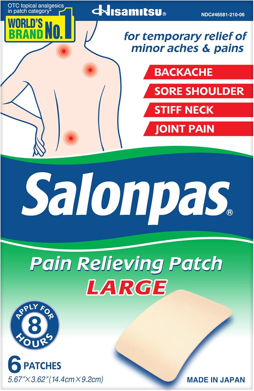 Salonpas Pain Relieving Patch, Large, 6 Count (Pack of 1) | Apply For Up to 8 Hours, For Temporary Relief of Minor Aches & Pains, Stiff Neck, Sore Shoulder, Backache, Joint Pain