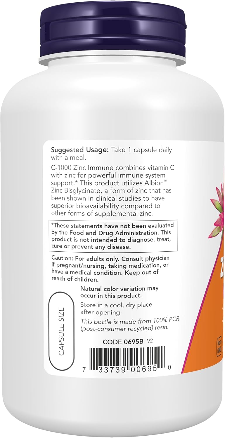 NOW Foods Supplements, C-1000 & Zinc Immune, Seasonal Support Formula*, Antioxidant Protection*, 180 Veg Capsules - Image 3