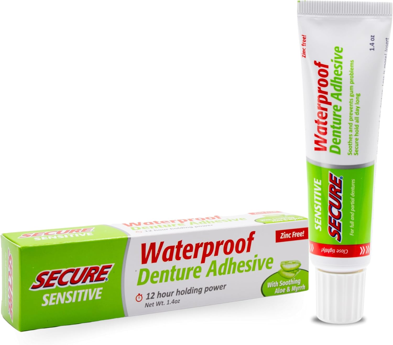 Secure Sensitive Denture Adhesive Cream, Zinc Free Denture Glue, 1.4 oz | Aloe Vera & Myrrh to Nourish Your Gums - Uppers, Lowers & Partials - Waterproof & Zinc Free - Less Adhesive, More Hold