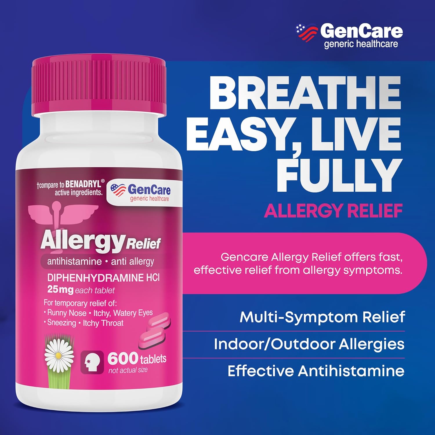 GenCare Diphenhydramine 25mg Allergy Relief Tablets, Bulk 600 Ct | Compares to Benadryl; antihistamine relieves sneezing, runny nose & itchy eyes - Image 2