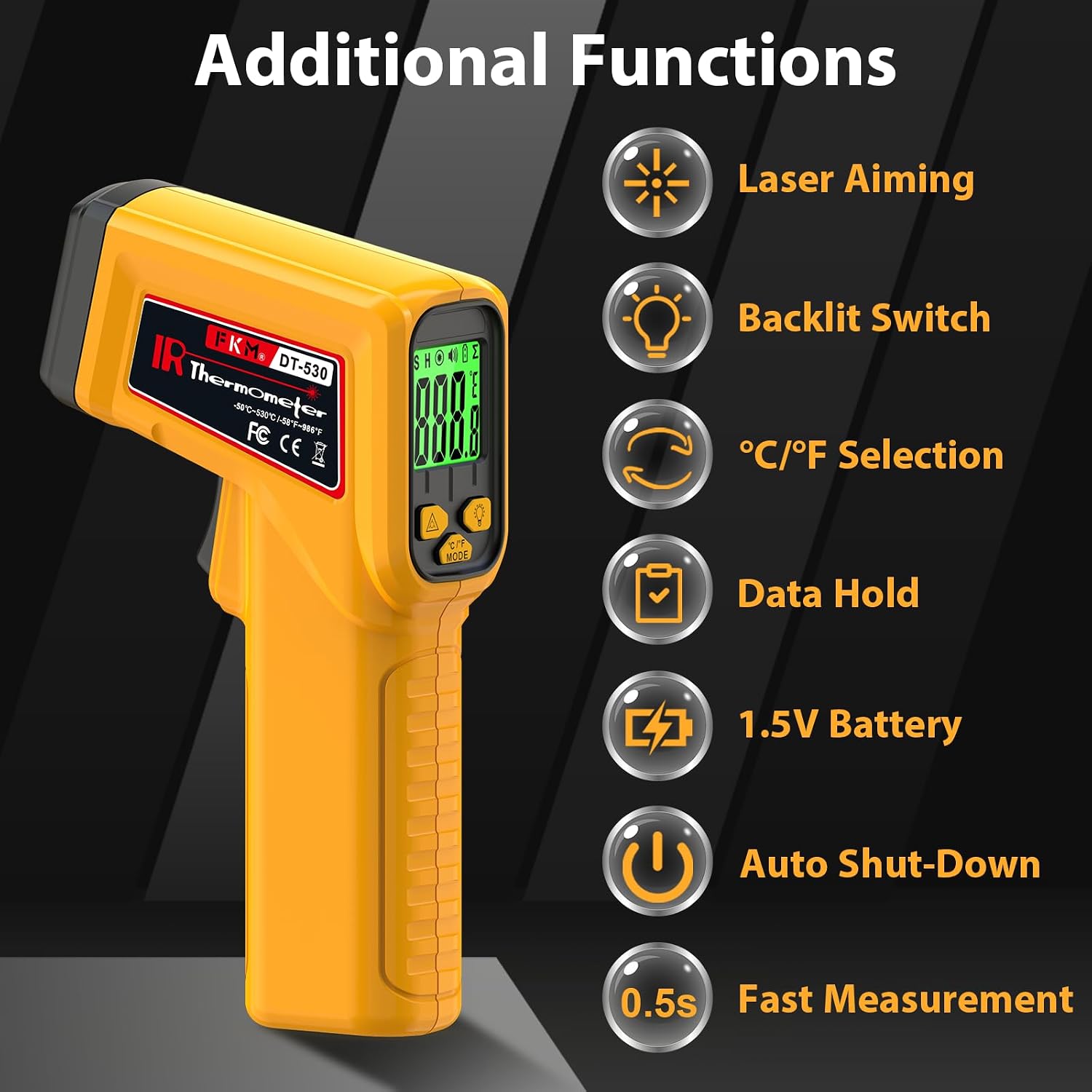 FKM Infrared Thermometer Gun Non-Contact Laser Temperature Gun,-58°F~986°F | Adjustable Emissivity,Digital IR Thermometer Gun for Cooking,Griddle,Pizza Oven,BBQ,HVAC,Automotive,Industrial,Not for Human - Image 2