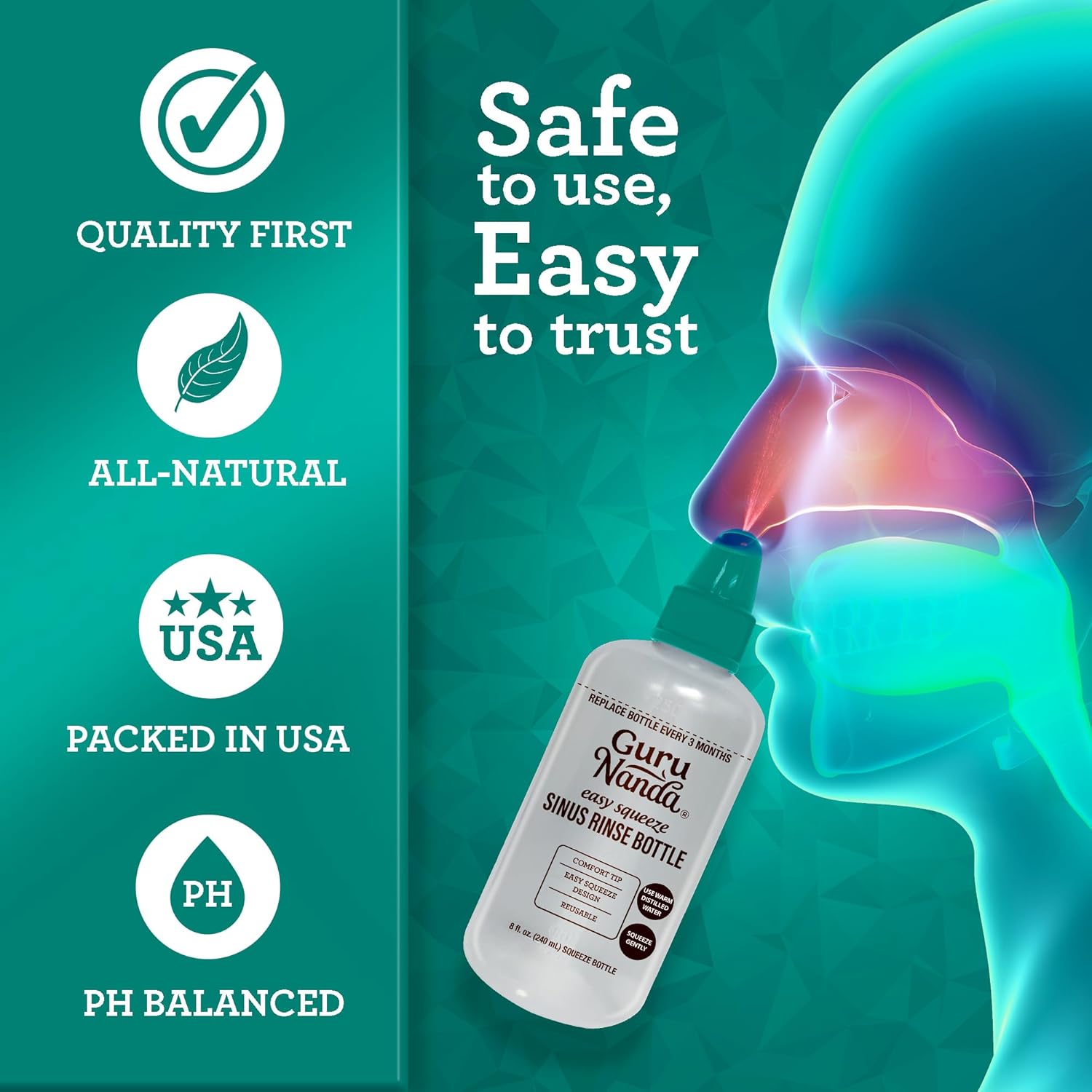 GuruNanda Sinus Rinse Bottle - Comfort Tip for Natural Nasal Irrigator Relief for Adults & Kids - 240ml Capacity - Image 5