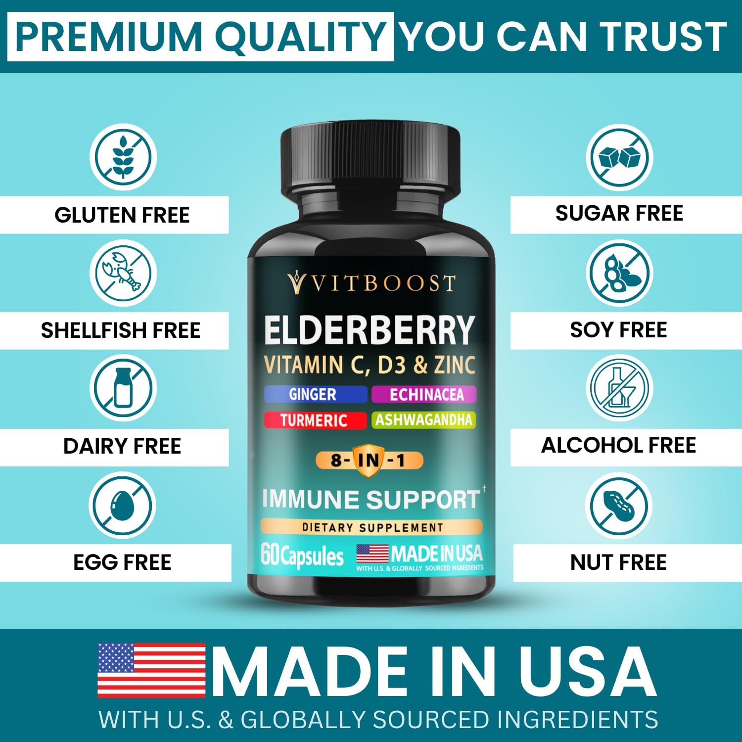 VITBOOST Elderberry Immune Support Supplement 8 in 1 with Vitamin D 5000 IU | Formula with Echinacea, Vitamin C & Zinc, Turmeric, Ginger, Ashwagandha - 60 Capsules - Image 3