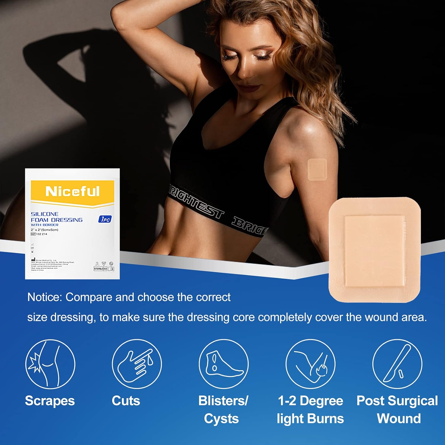 Niceful Silicone Foam Dressing Gentle Border 2"x2" 20 Count, Extra Hold | Gentle Border Foam Bandage, 5-Layer Absorption, Waterproof Pain-Free Removal, Cuts & Mild Burns, 20 Individually Wrapped - Image 3