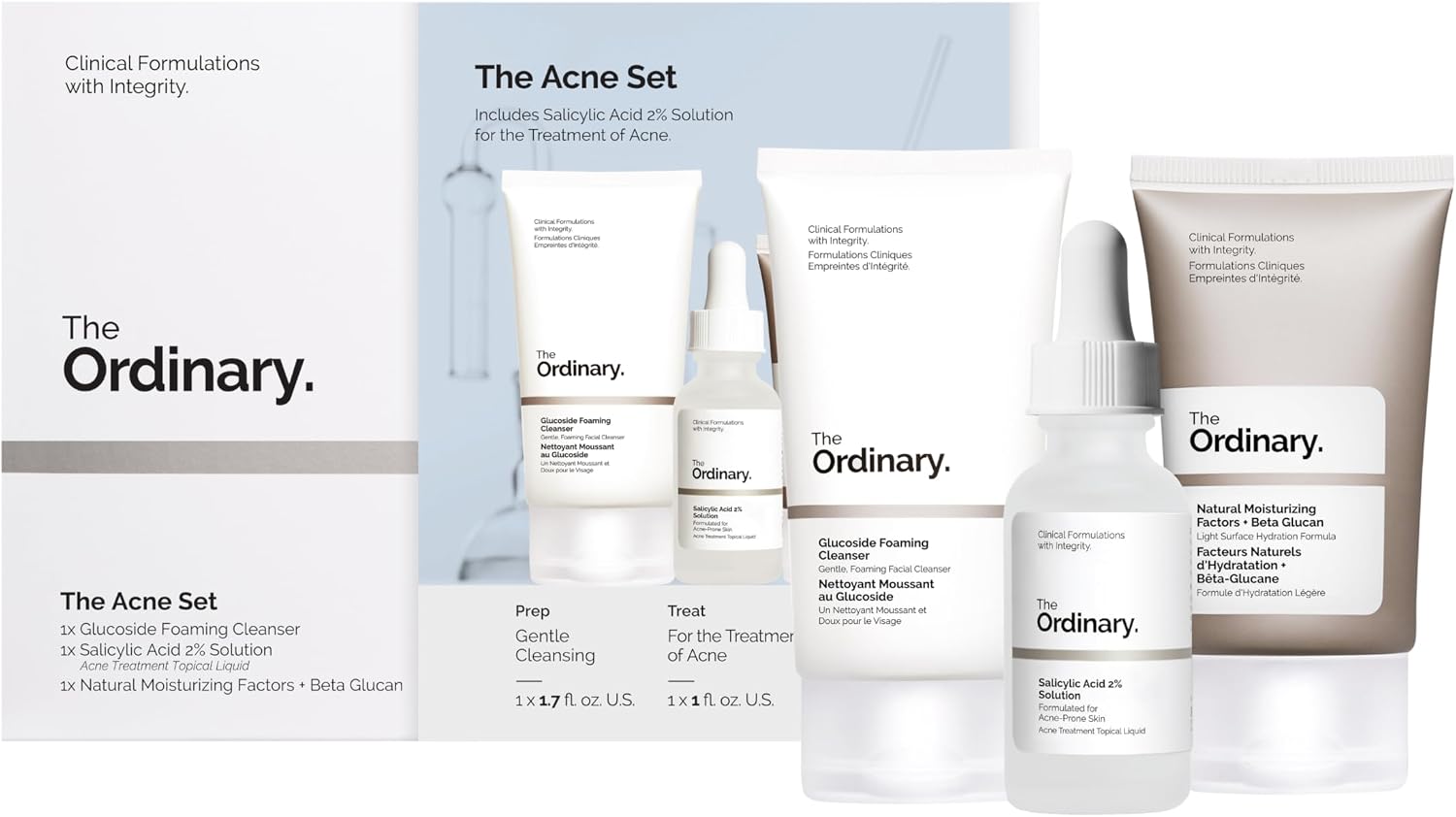 The Acne Set, 3-Step Skin Regimen with Glucoside Foaming Cleanser, Salicylic Acid 2% Solution, and Natural Moisturizing