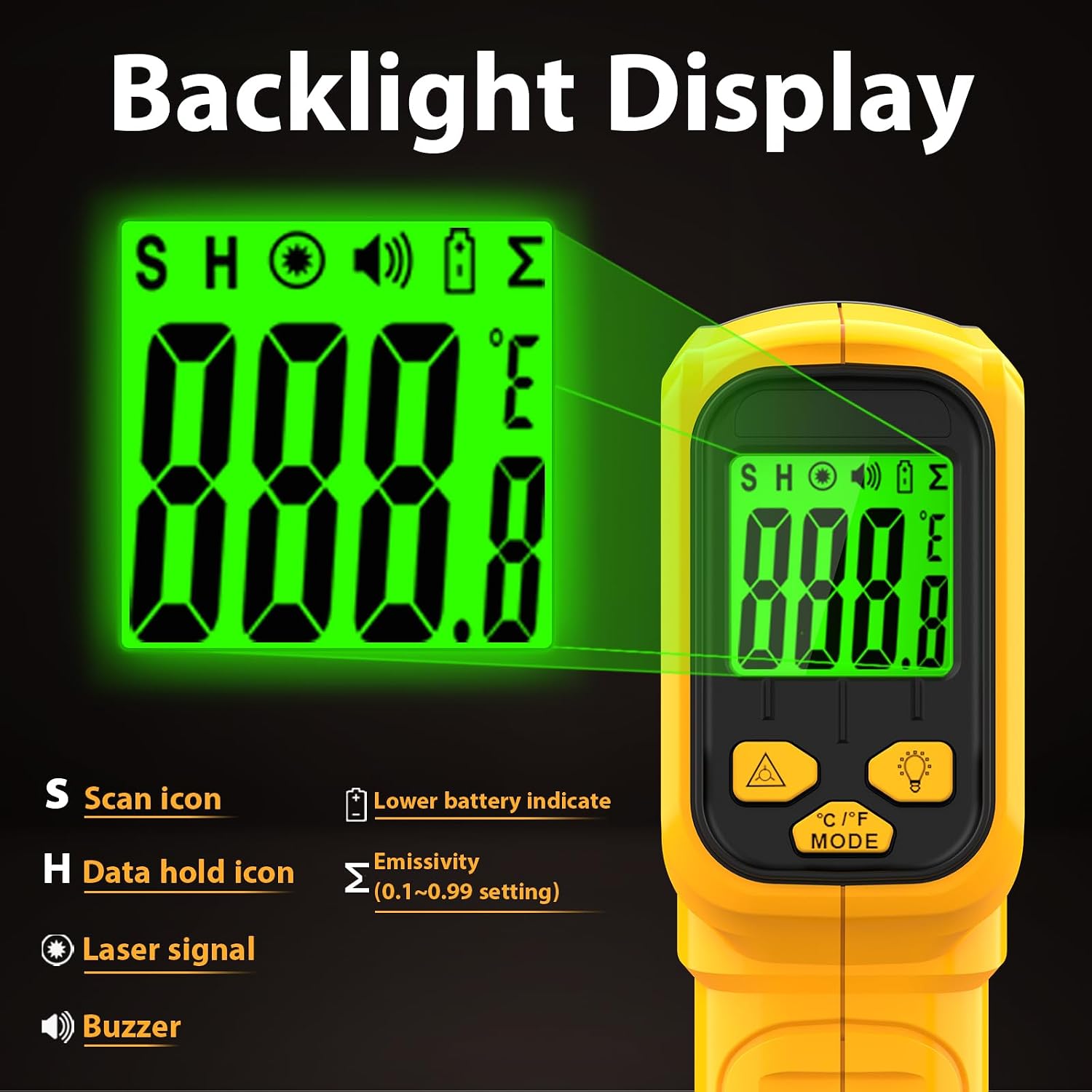 FKM Infrared Thermometer Gun Non-Contact Laser Temperature Gun -58°F~986°F | (-50°C~530°C) Adjustable Emissivity,Digital Thermometer Gun for Cooking,Oven,Griddle,Automotive,HVAC,Industrial,Not for Human - Image 7
