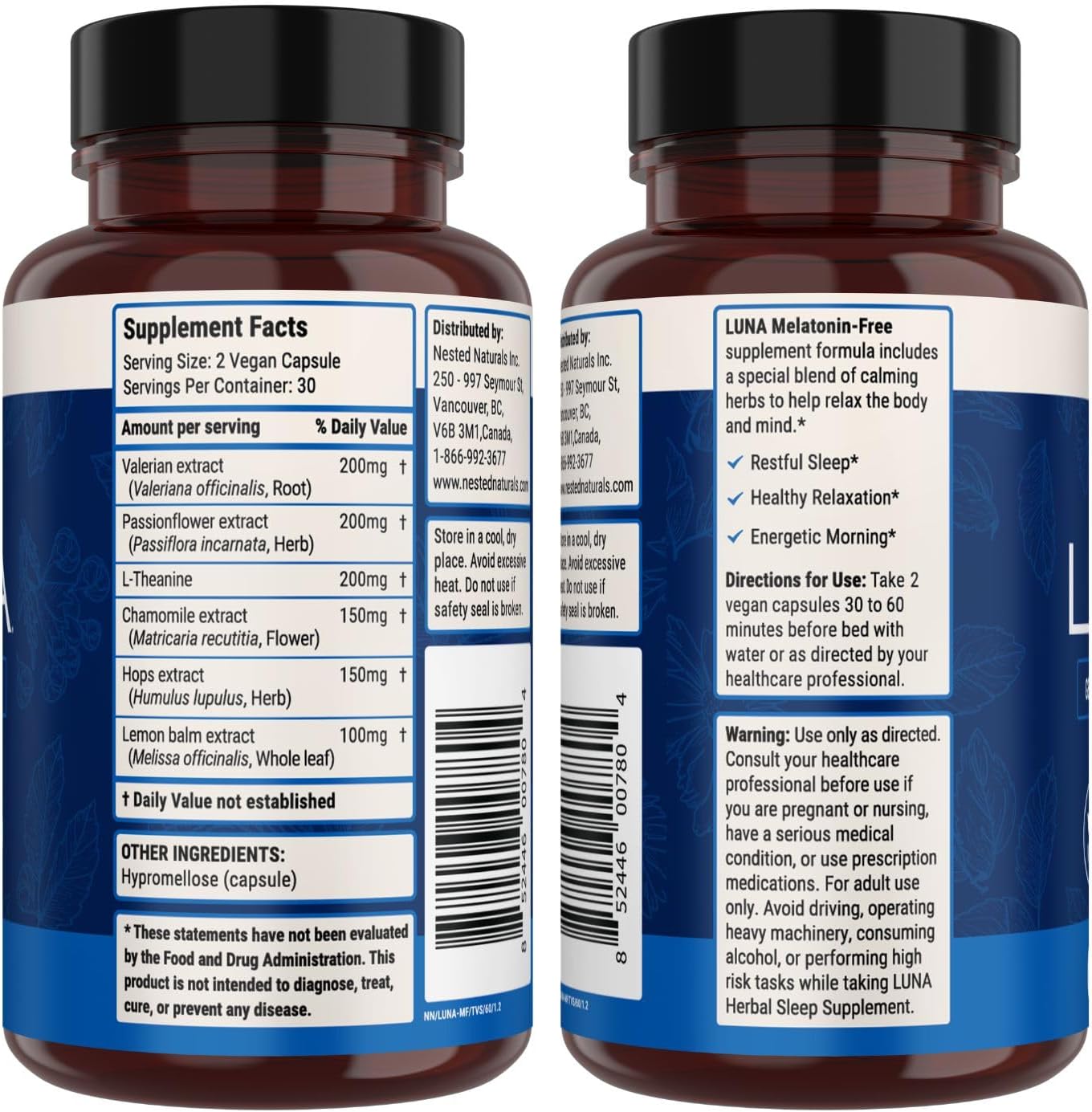 Nested Naturals Luna Melatonin-Free Sleep Supplement - Non-Habit Forming Herbal Sleep Supplement, Adult Bedtime Support, Help Sleeping w/Chamomile, Valerian, L-Theanine - 60 Vegan Capsules - Image 9