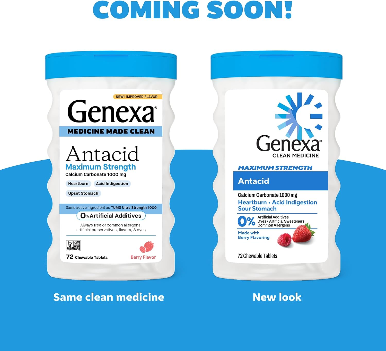 Genexa Antacid Made Clean, 72 Chewable Tablets, Berry Flavor | Calcium Carbonate Maximum Strength, Dye Free, 0% Artificial Additives, Heartburn, Acid Indigestion & Upset Stomach Relief - Image 2