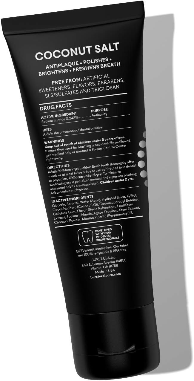 BURST Charcoal Whitening Toothpaste for Adults (4.7oz/2 Pack) | for Sensitive Teeth with Cavity Fighting Fluoride & Xylitol | Vegan | Gluten & SLS Free | Coconut Salt | Coconut Salt | for Sensitive Teeth with Cavity Fighting Fluoride & Xylitol | Vegan | Gluten & SLS Free - Image 7