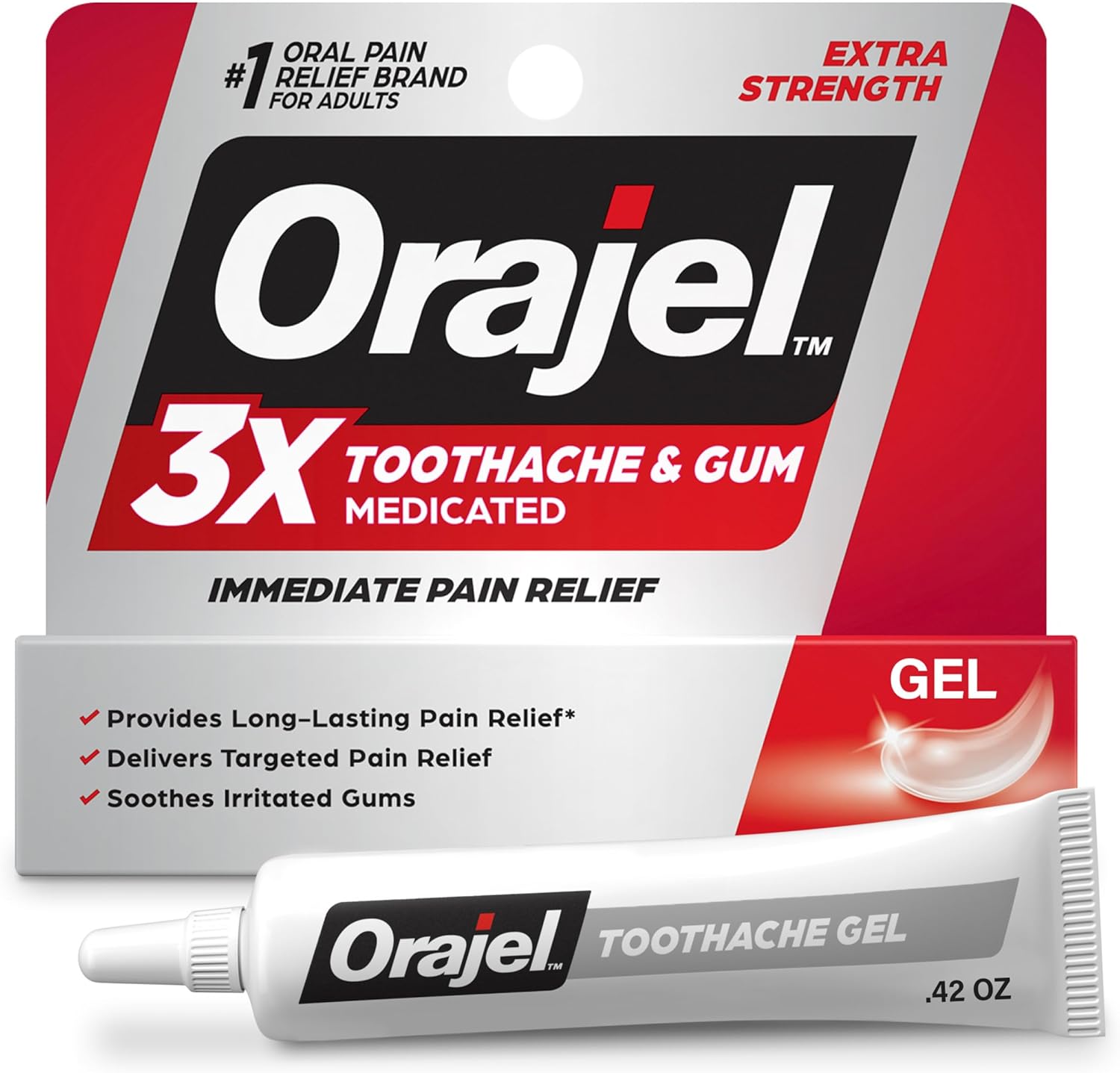 Orajel 3X Toothache and Gum Pain Medicated Pain Relief Gel, 0.42 Oz | Immediate Pain Relief, Extra Strength, Long-Lasting, Soothes Irrritated Gums, #1 Oral Pain Relief Brand