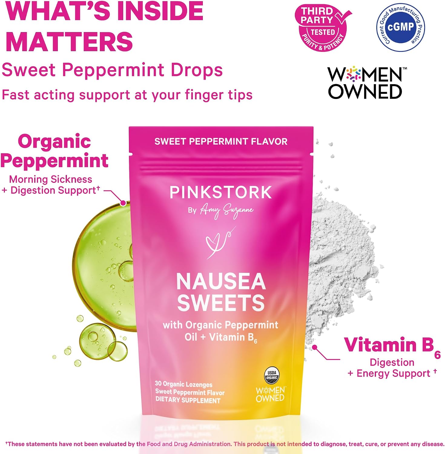 Pink Stork Organic Peppermint Sweets, Morning + Motion Sickness, B6, 30 Ct | USDA Organic Peppermint + Vitamin B6 Lozenges for Morning Sickness, Motion Sickness + Digestive Comfort, Individually Wrapped - Image 2