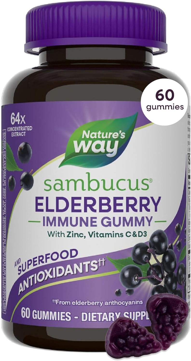 Nature's Way Sambucus Elderberry Gummies for Immune Support* Ages 4+, 60 ct | Immune Gummy with Black Elderberry Extract, Vitamin C, D3, Zinc, and Superfood Antioxidants*, Adults & Kids Ages 4+