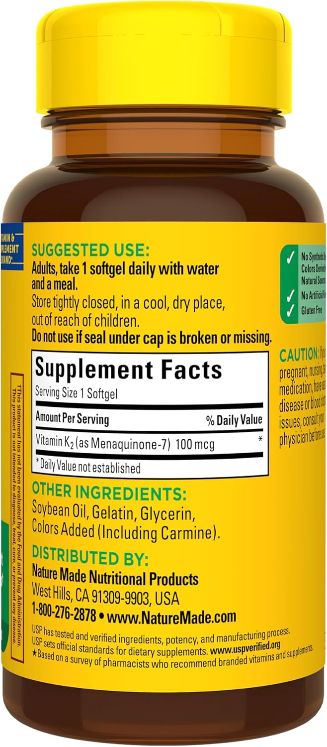 Nature Made Vitamin K2 100 mcg, 30 Softgels | Vitamin K2 Supplement, Vitamin K2 MK7 Form to Help Support Healthy Bones, USP Verified, 30 Day Supply - Image 8