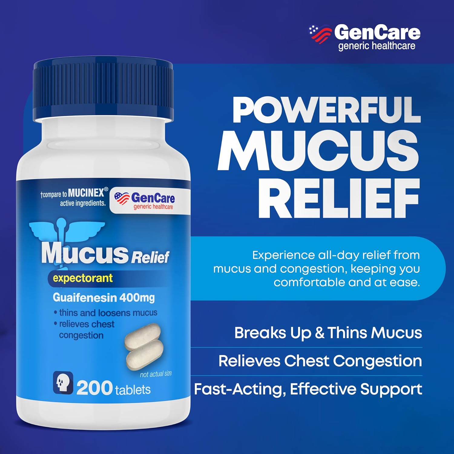 GenCare Mucus Relief Expectorant Guaifenesin 400mg, 200 Tablets | Compares to Mucinex; fast-acting expectorant, chest congestion relief - Image 2
