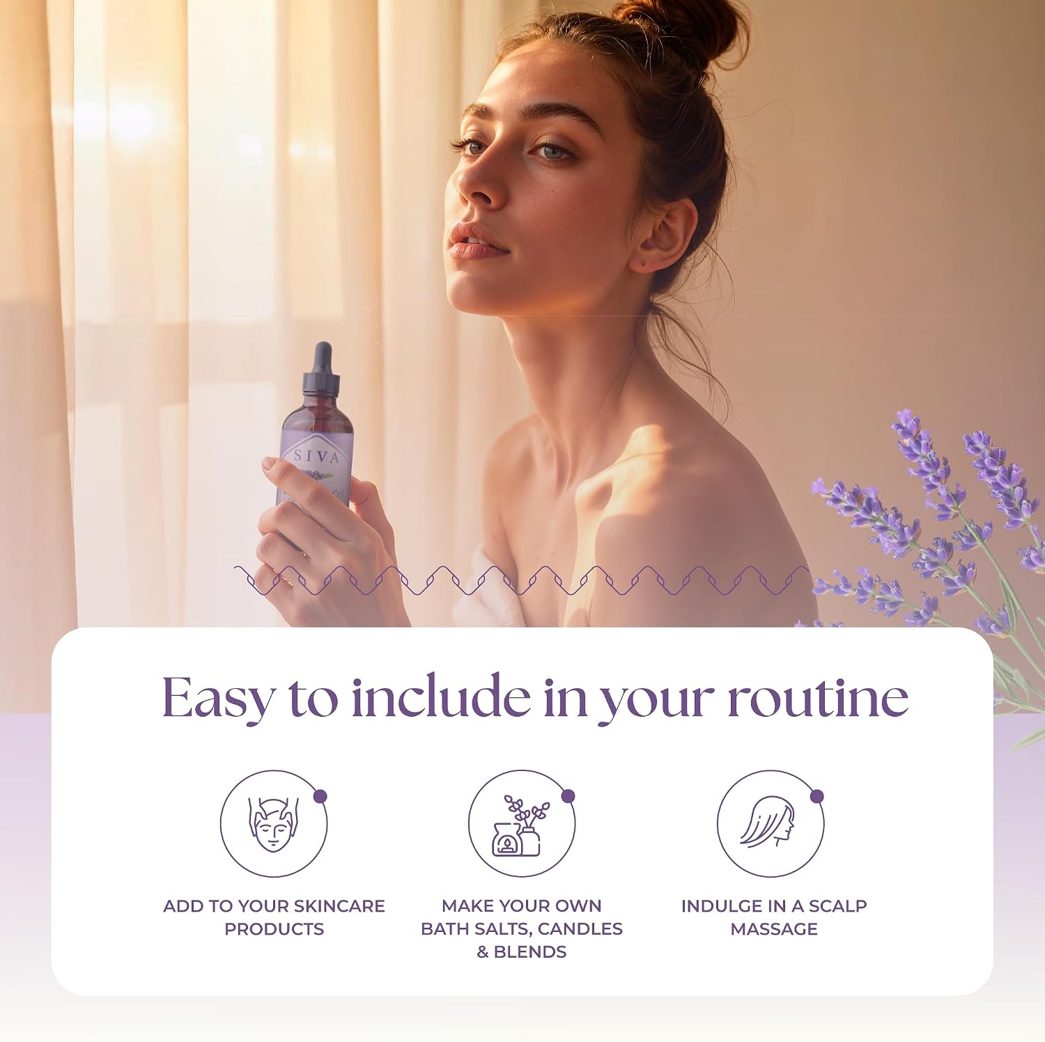 Siva Lavender Essential Oil, Glass Bottle with Dropper, 4 Fl Oz (118 ml) | Lavender Oil for Diffuser, Humidifier, Linen Spray, Skin Care, Hair Care, Body Massage, Soap, Candle, Bath Salt & DIY Blends - Image 6