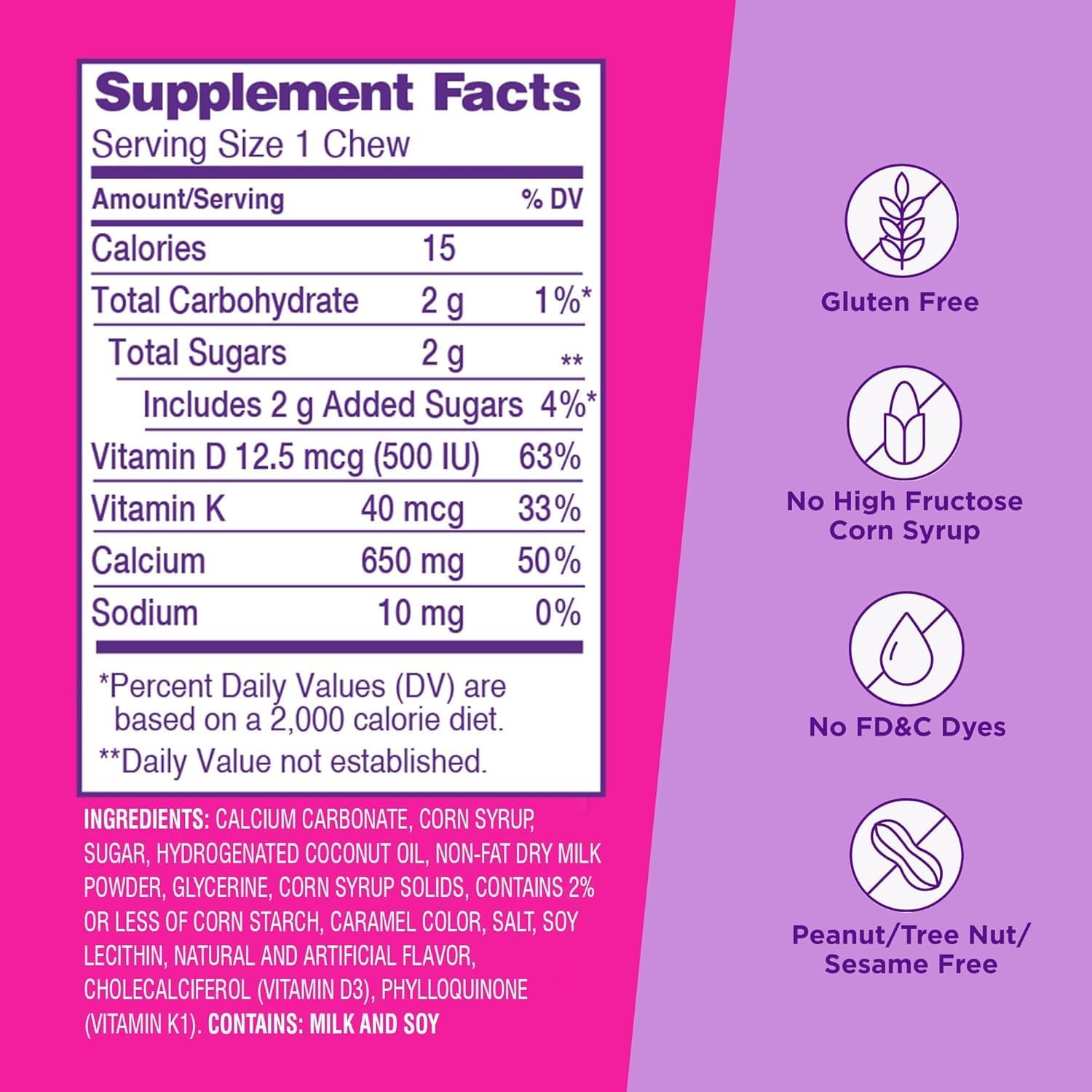 Viactiv Calcium + Vitamin D Supplement Soft Chews for Women & Men - Chewable Calcium for Bone Health Support, 650 mg per Serving, Vitamin D & K for High Absorption - 60 Count, Caramel - Image 3