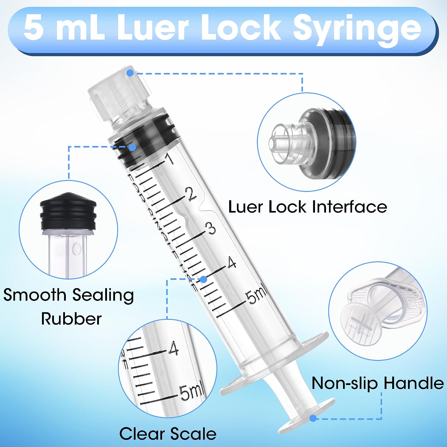 50Pack 5ml/cc Luer Lock Syringe without Needle, Plastic Syringe with Caps for Liquid, Sterile Individually Wrapped - Image 3