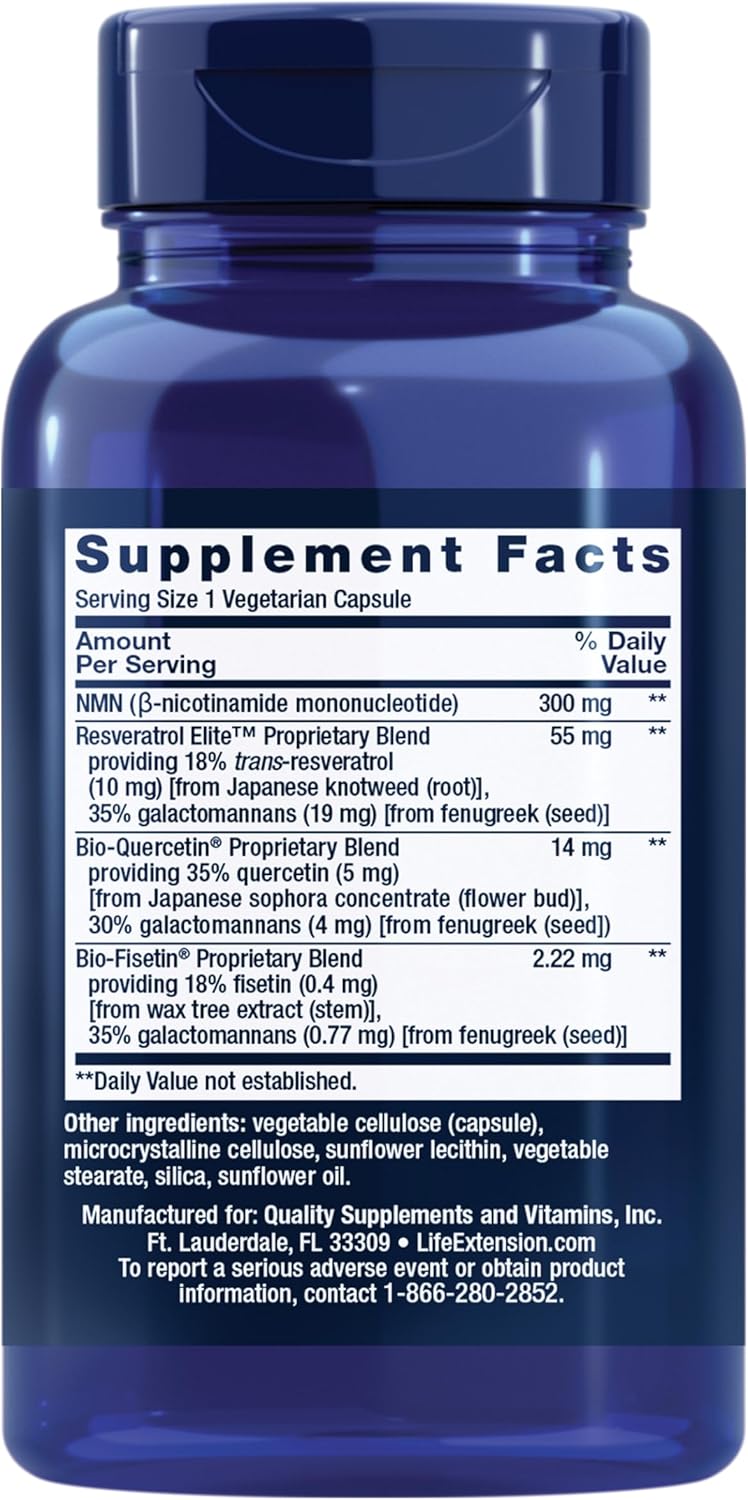 Life Extension NMN with Resveratrol Elite. Nicotinamide Mononucleotide, Trans-Resveratrol, Quercetin & Fisetin. NAD Precursor for Cellular Energy & Healthy Aging. Gluten Free, Non-GMO, 30 Veg Caps - Image 2