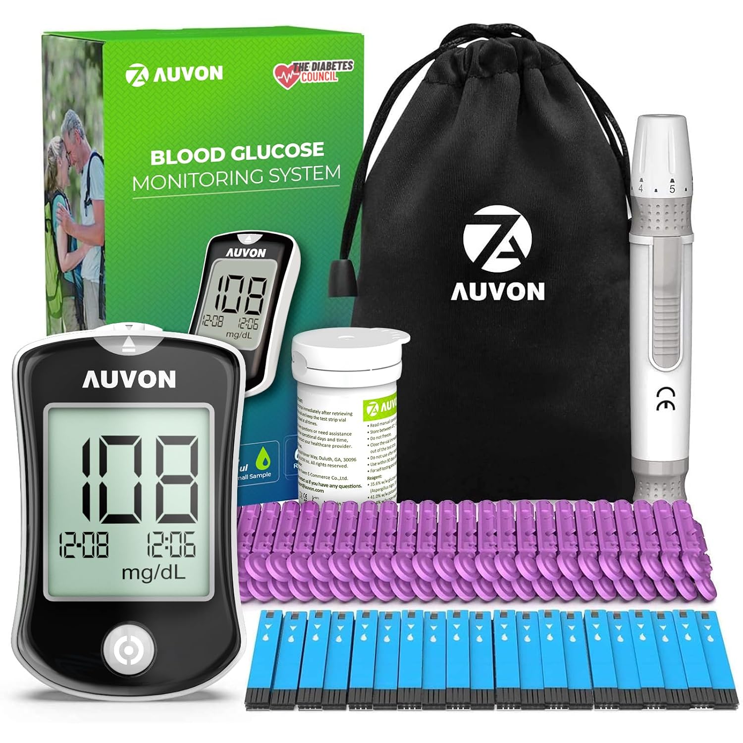 AUVON Blood Glucose Monitor Kit for Accurate Test, 50 Strips, No Coding | Diabetes Testing Kit with 50 30G Lancets, 1 Lancing Device, Portable and Reliable Blood Sugar Monitor Test Kit for Home Use