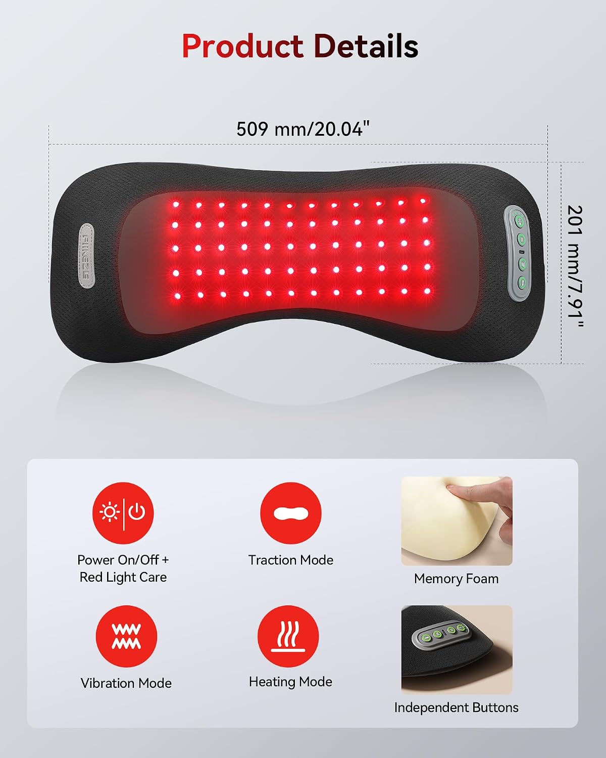 FliKEZE 4-in-1 Lumbar Massager with Red Light 650/850nm Cordless 5000mAh | Lumbar Support Pillow Lower Back Massager with Vibration, Airbag Traction & Heating for Back & Waist Comfort, FSA Eligible - Image 9