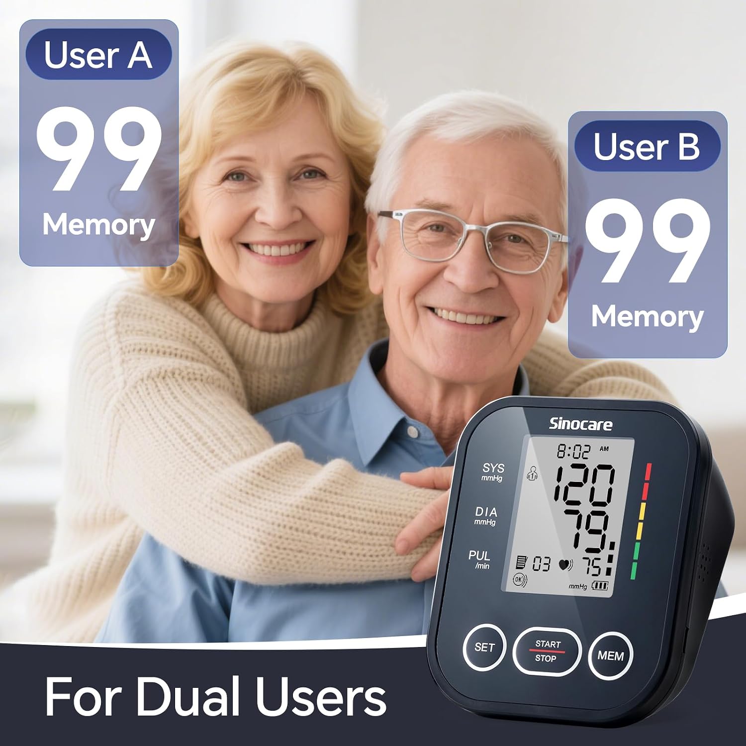 Sinocare Blood Pressure Monitor, Upper Arm Blood Pressure Monitors for Home Use, Adjustable Arm Cuff 8.6"-16.5", One-Button Operation, Dual User, Accurate & Practical (Black) - Image 7