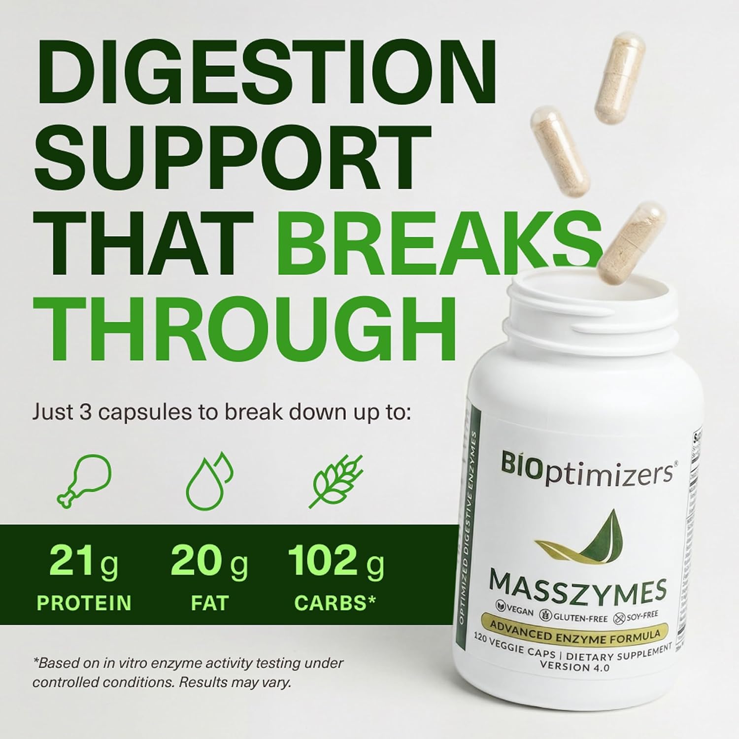 BIOptimizers MassZymes - Complete Digestive Enzymes Supplement for Gut Health - Bloating Relief for Men and Women - Lipase Amylase Bromelain Digestive Enzymes (120 Capsules) - Image 4