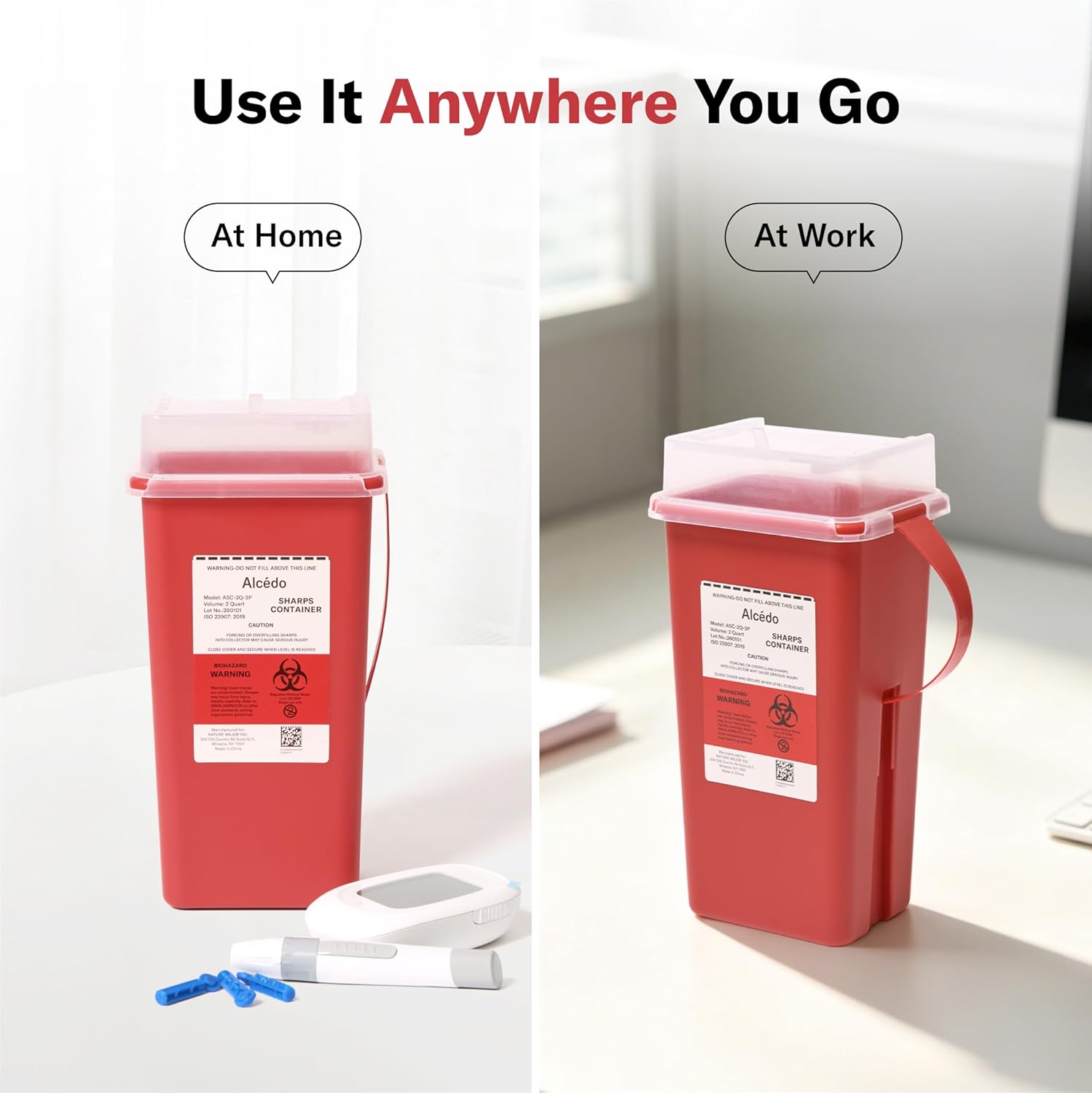 Alcedo Sharps Container 2 Quart (1-Pack) for Home Use & Travel Disposal | Small & Portable, Convenient Handle, Built-In Needle Removal Port, Temporary Safety Closure, Clear Lid - Image 8