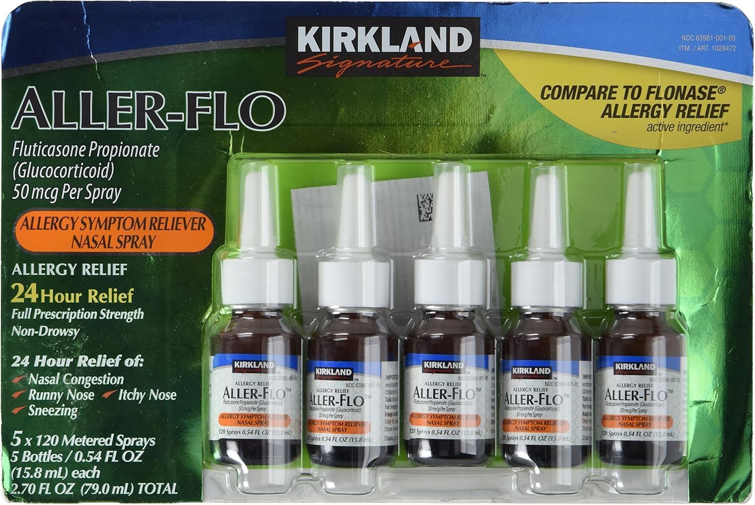 Kirkland Signature Aller-Flo Fluticasone Propionate (Glucorticoid) 5 Bottles x 120 Metered Sprays 0.54 Fl OZ per Bottle (15.8 mL x 5) 2.70 OZ Total (79 mL Total) 600 Total Sprays Total, 1-Pack - Image 4