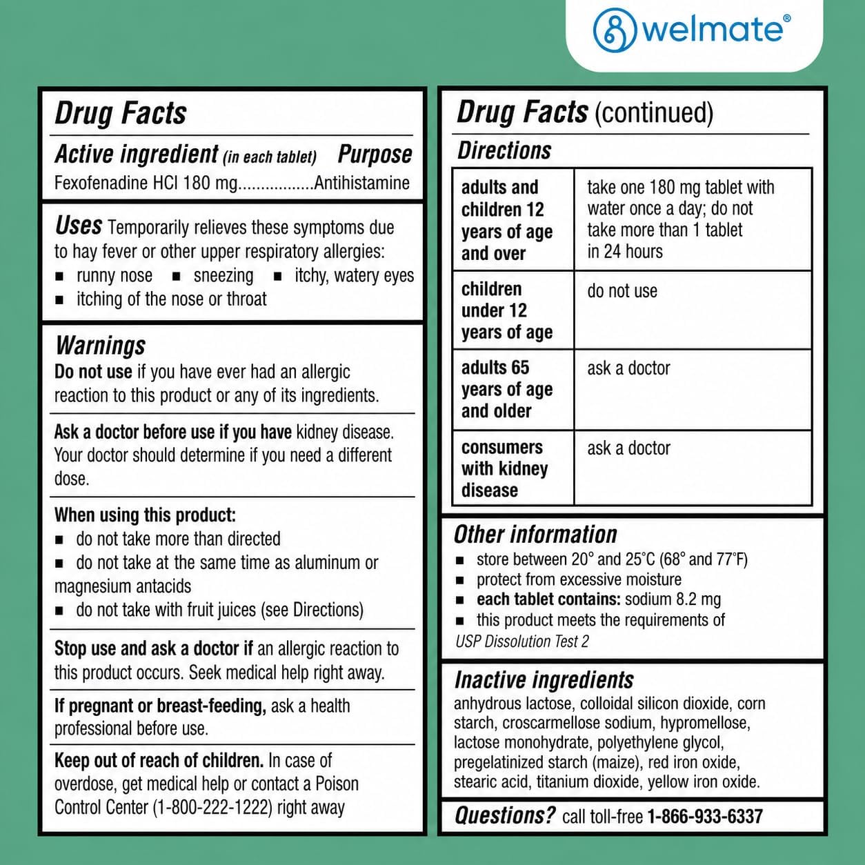 WELMATE Fexofenadine HCl 180mg Allergy Relief Tablets, 200 Count | 24-Hour Non Drowsy Antihistamine for Sneezing, Runny Nose, Itchy Watery Eyes - Indoor & Outdoor Allergy Medicine, Hay Fever - Image 6