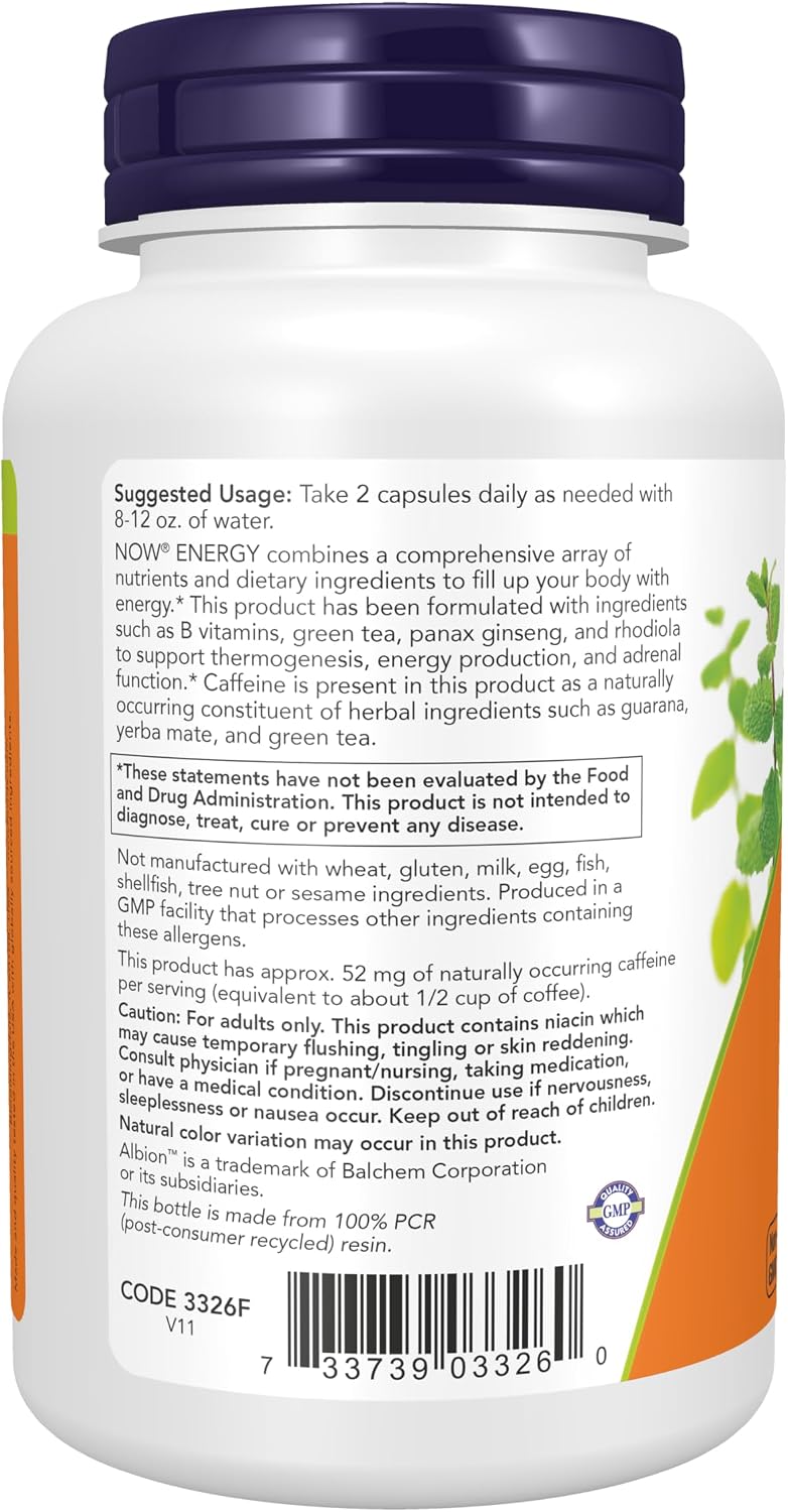 NOW Foods Supplements, Energy Dietary Supplement (lncludes B Vitamins, Green tea, Panax Ginseng and Rhodiola), 90 Capsules - Image 3