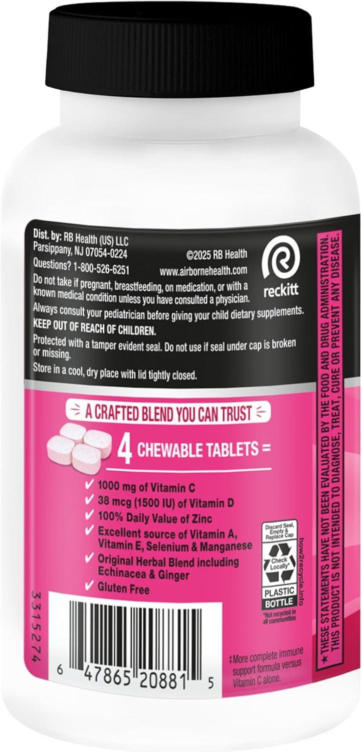 Airborne Very Berry Chewable Tablets, 116ct | Immune Support Supplement with 1000mg Vitamin C + Vitamins A, D, E, Zinc,Selenium, & Manganese | Herbal Blend | Gluten Free | Antioxidants Vitamins A, D & E + Zinc, Selenium, and Manganese, Herbal Blend, Multivitamin Supplements, Immune Health, Tasty - Image 15