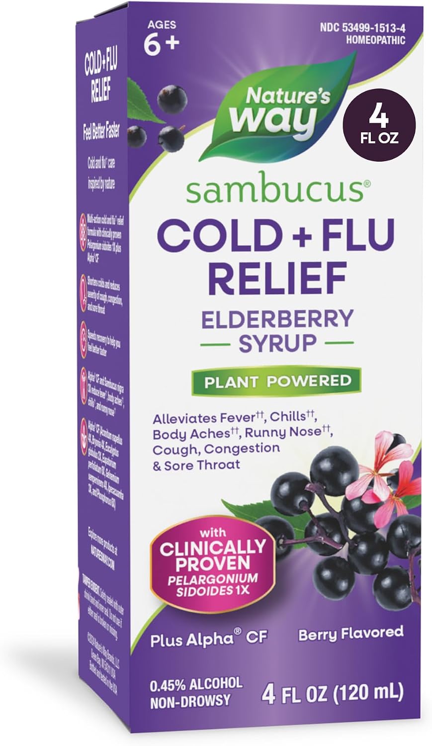 Nature's Way Sambucus Cold + Flu Relief Elderberry Syrup, Homeopathic, 4 oz | Multi-symptom Relief, Speeds Recovery from Fever(1), Body Aches(1), Chills(1), Cough, Congestion, Sore Throat, Berry Flavored