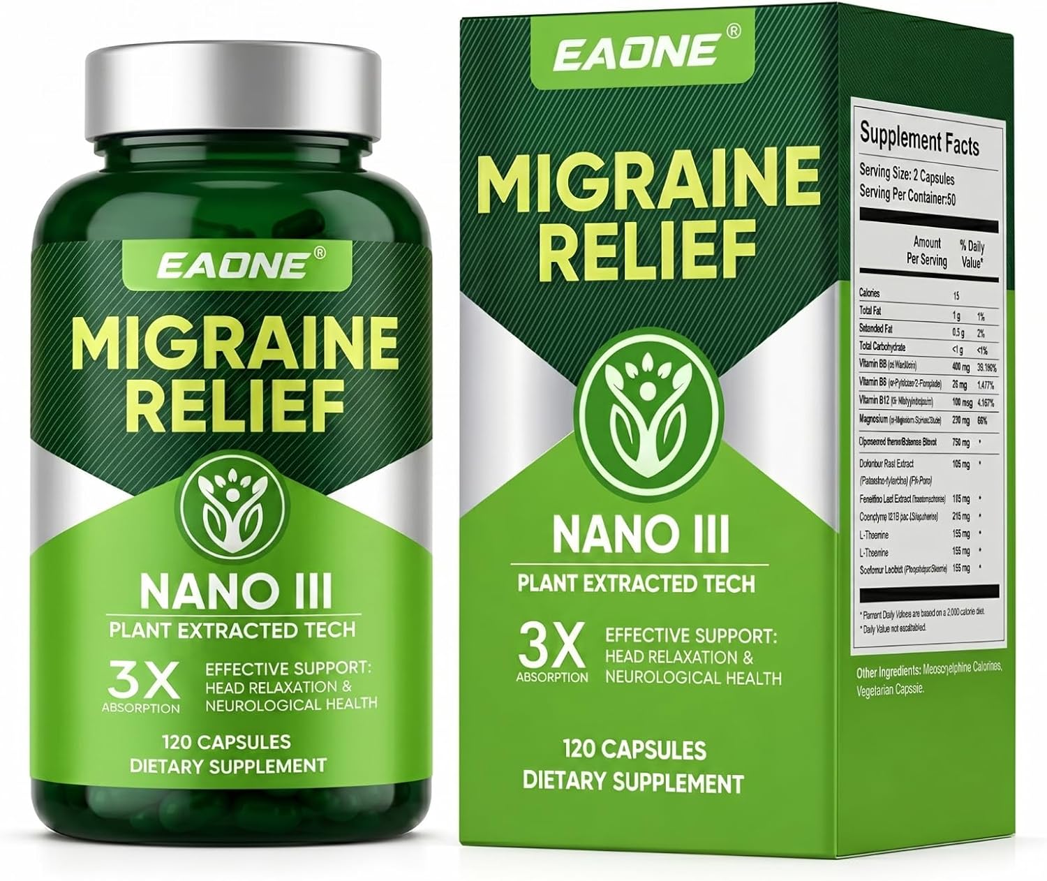 Headache Comfort Supplement, Natural Cranial Relaxation Formula with Magnesium Glycinate, CoQ10, Riboflavin Vitamin B2, B6 & B12, Supports Daily Neurological Balance and Mental Clarity, 120 Capsules