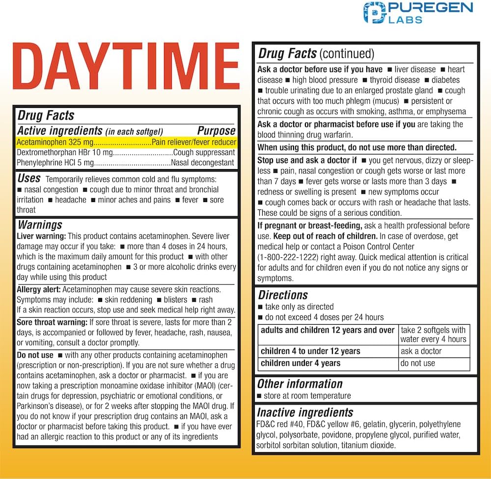 Puregen Labs Daytime and Nighttime Combo Pack, Cold and Flu Relief Medicine | Powerful Multi-Symptom Daytime and Nighttime Relief for Headache, Fever, Sore Throat, Cough, Congestion and Aches - Image 2